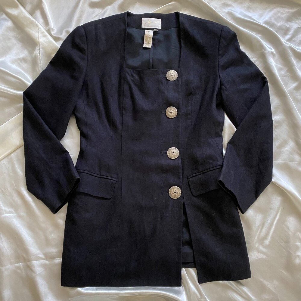 Vintage 1990s Black Linen Square Neck Blazer Size 6 Minimalist Large Button